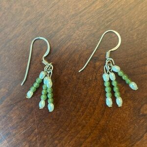 Hand Crafted White Freshwater Pearl and Green Faux Jade Bead Drop Earrings.
